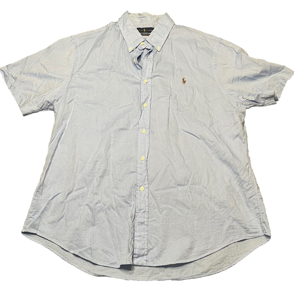 Ralph Lauren Shirt Mens 2XL Blue Slim Fit Chambray‎ Oxford Short Sleeve Flesh